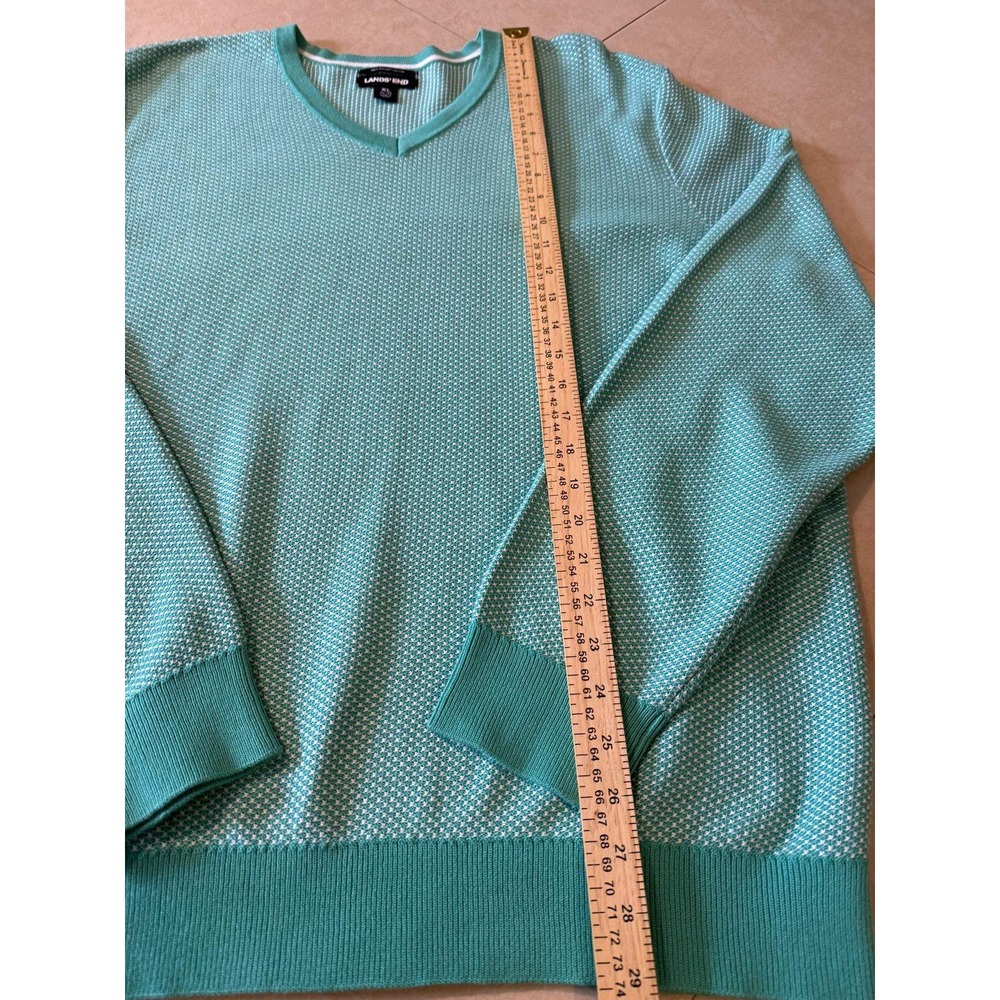 Lands' End Men's XL V-Neck Sweater 100% Supima Cotton Green White Birdseye Knit - Picture 4 of 6